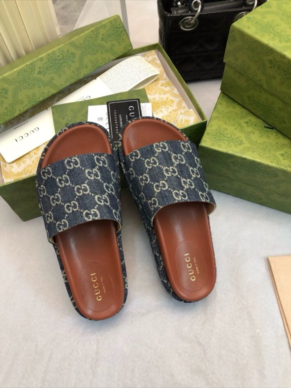 GUCCI Denim GG Platform Slide Sandals